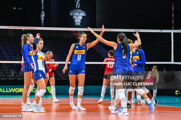 Italian team celebrates after winning a volleyball game between Belgian national women's team the Yellow Tigers and Italy, Tuesday 27 September 2022...