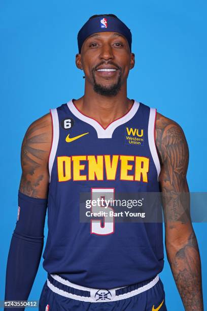 Kentavious Caldwell-Pope of the Denver Nuggets poses for a head shot during NBA Media Day on September 26, 2022 at the Ball Arena in Denver,...