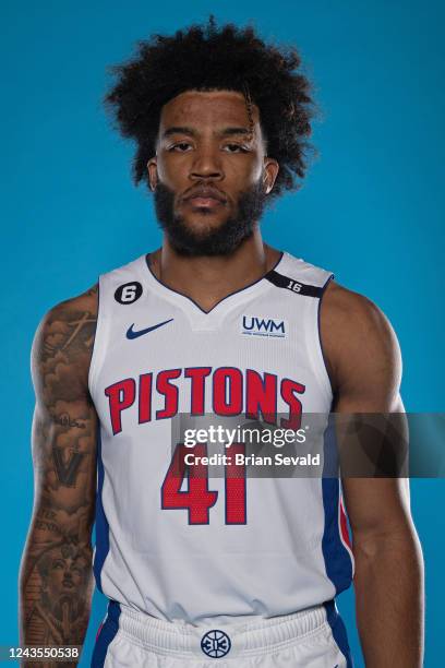 Saddiq Bey of the Detroit Pistons poses for a head shot during NBA Media Day at Little Caesars Arena on September 26, 2022 in Detroit, Michigan. NOTE...