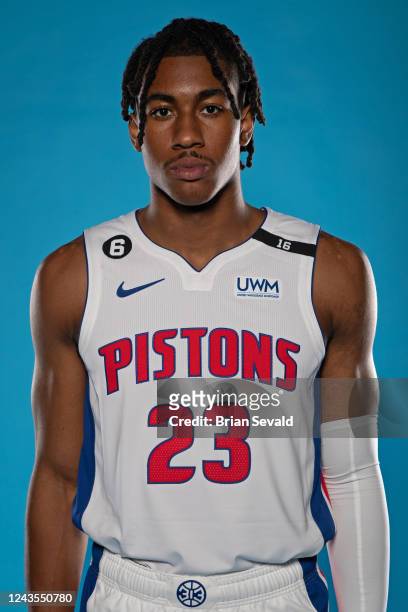 Jaden Ivey of the Detroit Pistons poses for a head shot during NBA Media Day at Little Caesars Arena on September 26, 2022 in Detroit, Michigan. NOTE...