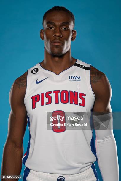 Jalen Duren of the Detroit Pistons poses for a head shot during NBA Media Day at Little Caesars Arena on September 26, 2022 in Detroit, Michigan....