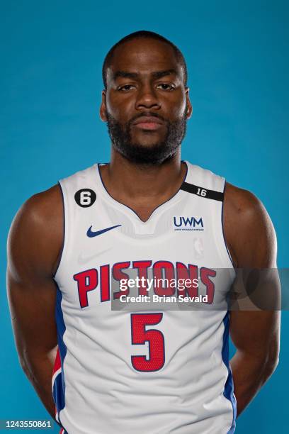 Alec Burks of the Detroit Pistons poses for a head shot during NBA Media Day at Little Caesars Arena on September 26, 2022 in Detroit, Michigan. NOTE...