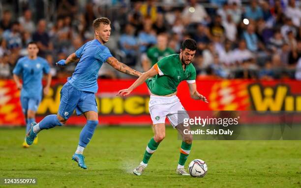Tel Aviv , Israel - 27 September 2022; Finn Azaz of Republic of Ireland in action against Eden Karzev of Israel during the UEFA European U21...