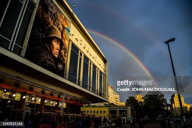 Movie billboard poster advertises the German film "All Quiet on The Western Front" at the Kino International movie theatre in Berlin on September 27,...