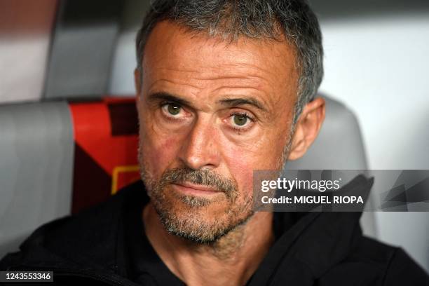 Spain's coach Luis Enrique watches the UEFA Nations League, league A, group 2 football match between Portugal and Spain, at the Municipal Stadium in...