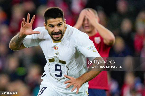 Serbia's forward Aleksandar Mitrovic celebrates after scoring 0-2 during the UEFA Nations League Group 4 between Norway and Serbia in Oslo on...