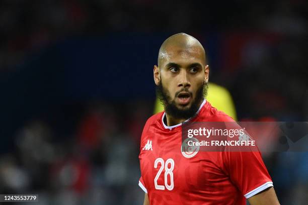 Tunisia's midfielder Aissa Laidouni looks on during the friendly football match between Brazil and Tunisia at the Parc des Princes in Paris on...