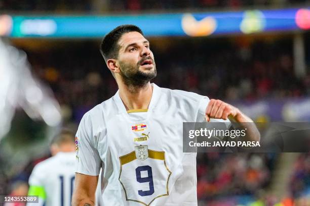 Serbia's forward Aleksandar Mitrovic celebrates after scoring 0-2 during the UEFA Nations League Group 4 between Norway and Serbia in Oslo on...