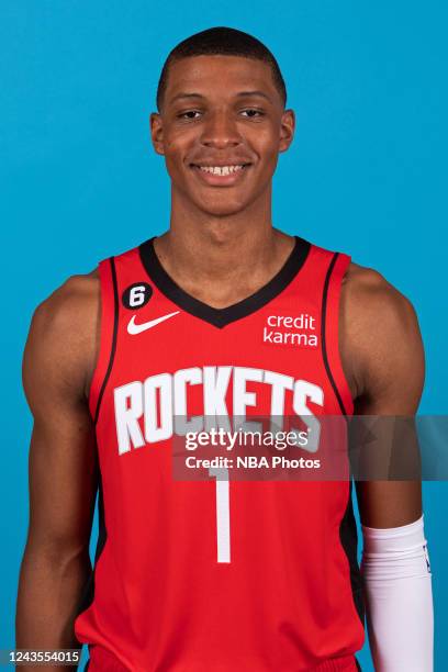 Jabari Smith Jr. #1 of the Houston Rockets poses for a head shot during NBA Media Day on September 26, 2022 at the Toyota Center in Houston, Texas....