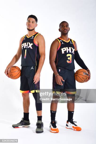 Chris Paul and Devin Booker of the Phoenix Suns pose for a portrait during 2022 NBA Media Day on September 26 at the Footprint Center in Phoenix,...