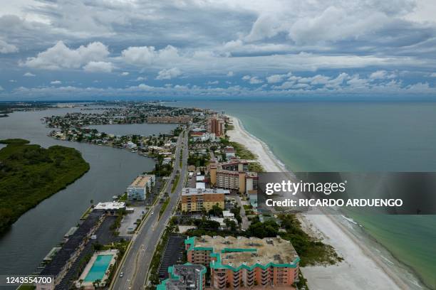 An aerial view of Indian Shores as Hurricane Ian approaches in Florida on September 27, 2022. - The US National Hurricane Center said Ian made...