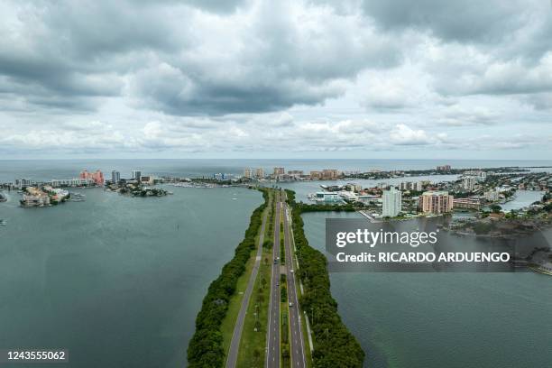 An aerial view of Clearwater Beach as Hurricane Ian approaches in Clearwater, Florida on September 27, 2022. - The US National Hurricane Center said...