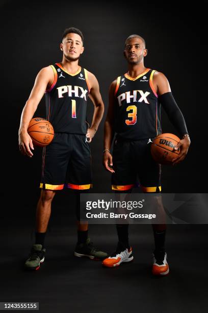 Chris Paul and Devin Booker of the Phoenix Suns pose for a portrait during 2022 NBA Media Day on September 26 at the Footprint Center in Phoenix,...