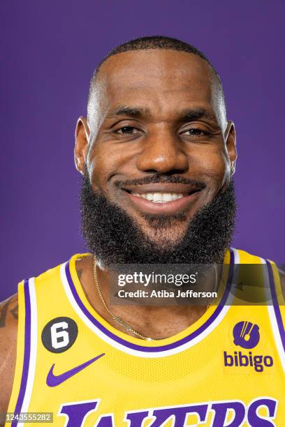 LeBron James of the Los Angeles Lakers poses for a photo during NBA Media day at UCLA Health Training Center on September 26, 2022 in El Segundo,...