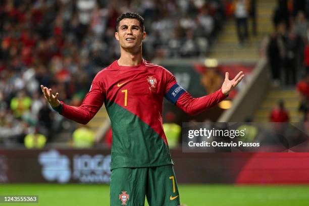 Cristiano Ronaldo of Portugal reacts during the UEFA Nations League League A Group 2 match between Portugal and Spain at Estadio Municipal de Braga...