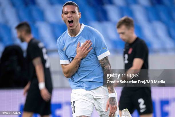 Darwin Nunez of Uruguay celebrates after scoring goal during the international friendly match between Uruguay and Canada at Tehelne pole on September...