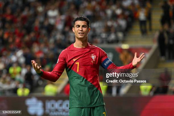 Cristiano Ronaldo of Portugal reacts during the UEFA Nations League League A Group 2 match between Portugal and Spain at Estadio Municipal de Braga...