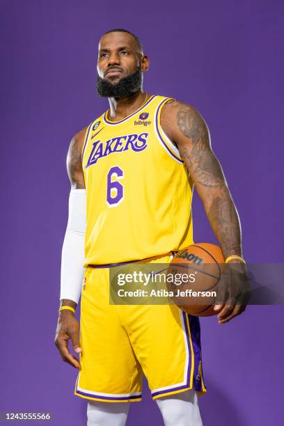 LeBron James of the Los Angeles Lakers poses for a photo during NBA Media day at UCLA Health Training Center on September 26, 2022 in El Segundo,...