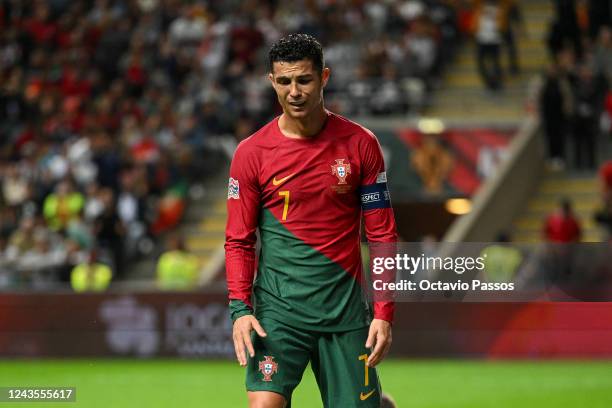 Cristiano Ronaldo of Portugal reacts during the UEFA Nations League League A Group 2 match between Portugal and Spain at Estadio Municipal de Braga...