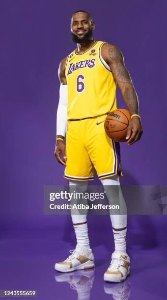 LeBron James of the Los Angeles Lakers poses for a photo during NBA Media day at UCLA Health Training Center on September 26, 2022 in El Segundo,...