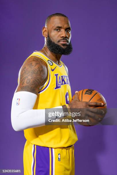 LeBron James of the Los Angeles Lakers poses for a photo during NBA Media day at UCLA Health Training Center on September 26, 2022 in El Segundo,...