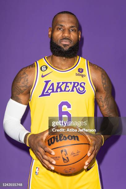 LeBron James of the Los Angeles Lakers poses for a photo during NBA Media day at UCLA Health Training Center on September 26, 2022 in El Segundo,...