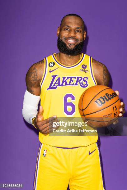 LeBron James of the Los Angeles Lakers poses for a photo during NBA Media day at UCLA Health Training Center on September 26, 2022 in El Segundo,...