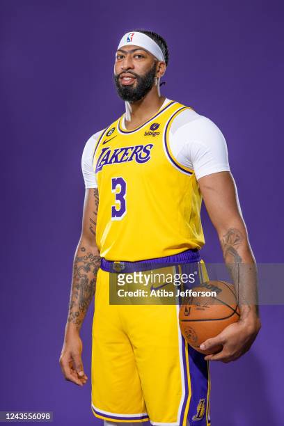 Anthony Davis of the Los Angeles Lakers poses for a photo during NBA Media day at UCLA Health Training Center on September 26, 2022 in El Segundo,...