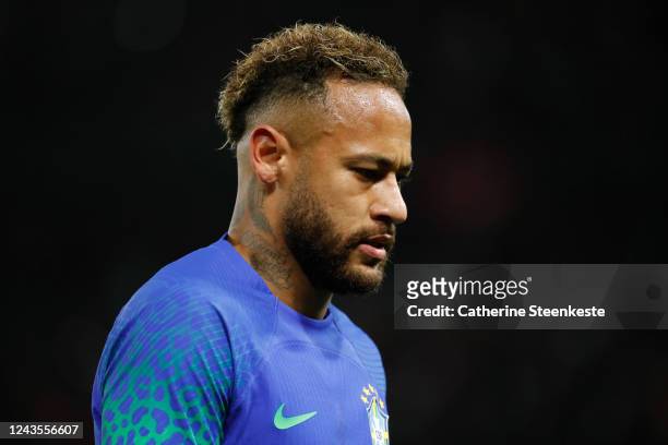 Neymar Jr of Brazil looks on during the international friendly match between Brazil and Tunisia at Parc des Princes on September 27, 2022 in Paris,...