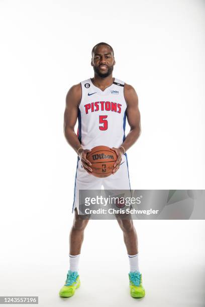 Alec Burks of the Detroit Pistons poses for a portrait during the Detroit Pistons Media Day at Little Caesars Arena on September 26, 2022 in Detroit,...