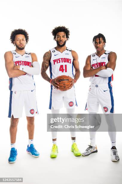 Cade Cunningham of the Detroit Pistons, Saddiq Bey of the Detroit Pistons, and Jaden Ivey of the Detroit Pistons pose for a portrait during the...