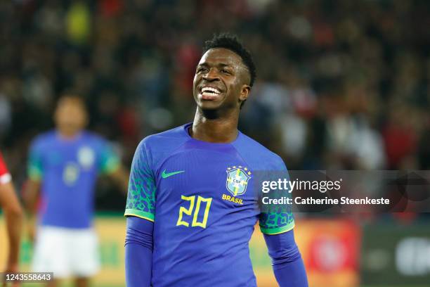 Vinicius Junior of Brazil reacts to a play during the international friendly match between Brazil and Tunisia at Parc des Princes on September 27,...