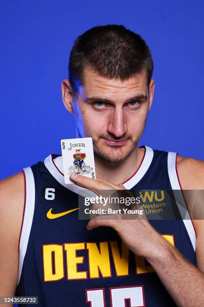 Nikola Jokic of the Denver Nuggets poses for a portrait during NBA Media Day on September 26, 2022 at the Ball Arena in Denver, Colorado. NOTE TO...