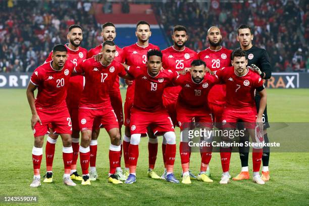Team Tunisia poses for a photo before the international friendly match between Brazil and Tunisia at Parc des Princes on September 27, 2022 in Paris,...
