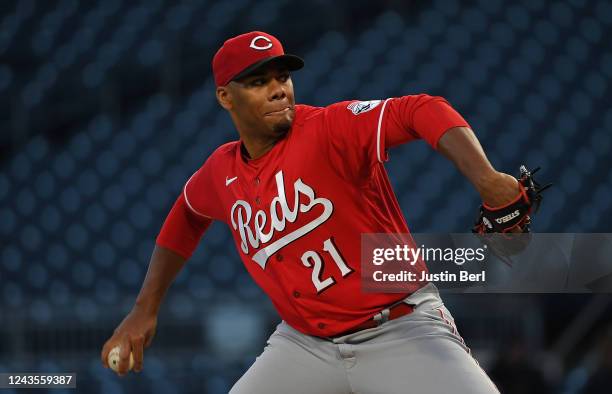 Hunter Greene of the Cincinnati Reds delivers a pitch in the first inning during the game against the Pittsburgh Pirates at PNC Park on September 27,...