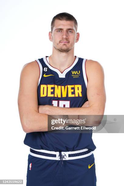 Nikola Jokic of the Denver Nuggets poses for a portrait during NBA Media Day on September 26, 2022 at the Ball Arena in Denver, Colorado. NOTE TO...