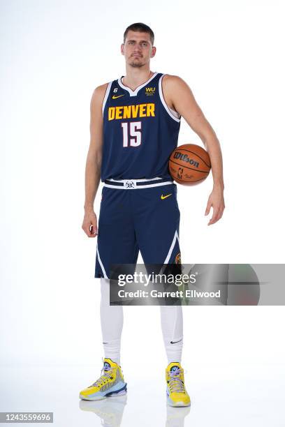 Nikola Jokic of the Denver Nuggets poses for a portrait during NBA Media Day on September 26, 2022 at the Ball Arena in Denver, Colorado. NOTE TO...