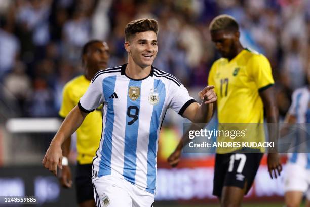 Argentina's Julian Alvarez celebrates his goal during the international friendly football match between Argentina and Jamaica at Red Bull Arena in...