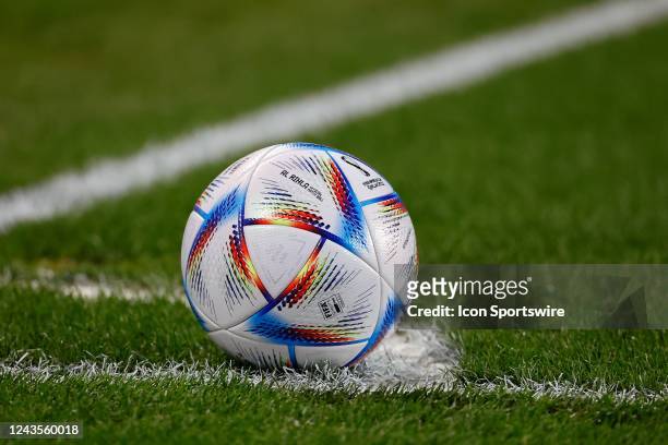 General view of the Al Rihla official match ball of the 2022 World Cup in Qatar in the corner during the first half of the international friendly...
