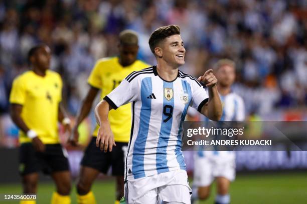 Argentina's Julian Alvarez celebrates his goal during the international friendly football match between Argentina and Jamaica at Red Bull Arena in...