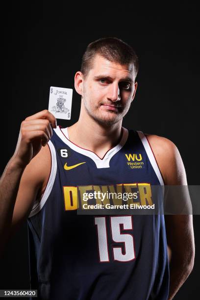 Nikola Jokic of the Denver Nuggets poses for a portrait during NBA Media Day on September 26, 2022 at the Ball Arena in Denver, Colorado. NOTE TO...