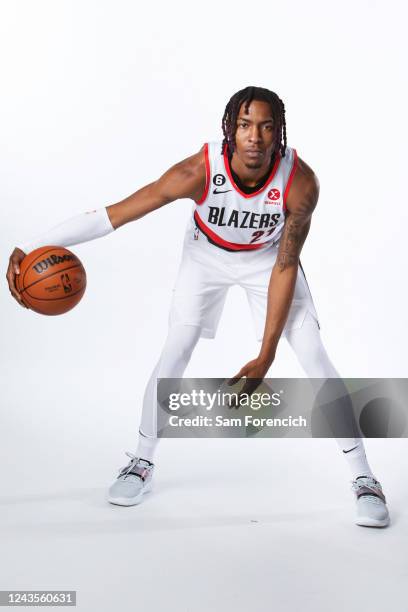 Wesley Iwundu of the Portland Trail Blazers poses for a portrait during NBA Media Day on September 26, 2022 at the MODA Center in Portland, Oregon....