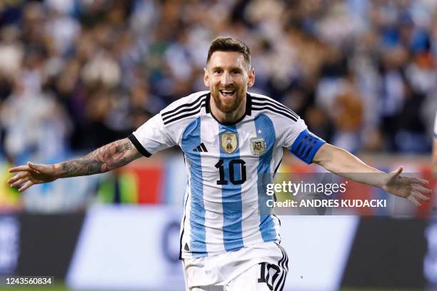 Argentina's Lionel Messi celebrates his goal during the international friendly football match between Argentina and Jamaica at Red Bull Arena in...