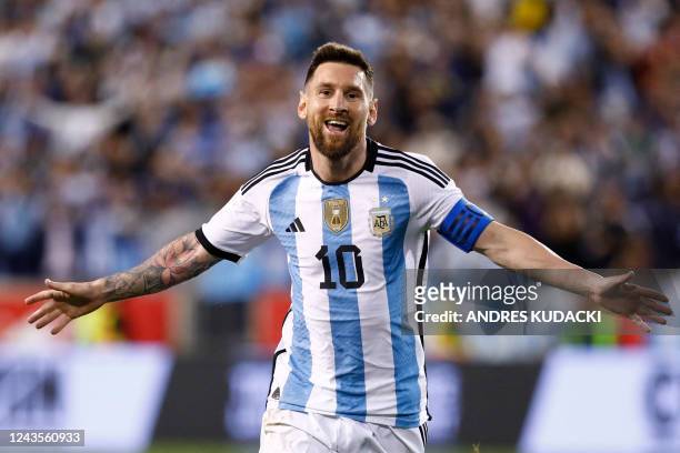 Argentina's Lionel Messi celebrates his goal during the international friendly football match between Argentina and Jamaica at Red Bull Arena in...