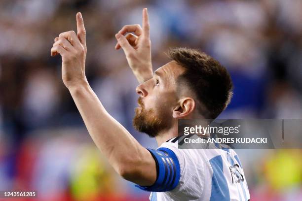 Argentina's Lionel Messi celebrates his goal during the international friendly football match between Argentina and Jamaica at Red Bull Arena in...