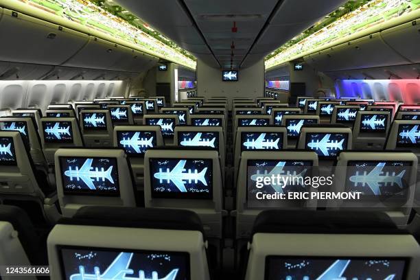 Photo of the new Air France Boeing 777-300 ER cabin taken on the site of Air France Industries in Orly near Paris on September 27, 2022.