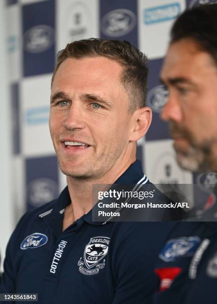 Joel Selwood of the Cats announces his retirement during the 2022 Geelong Cats Media Opportunity at GMHBA Stadium on September 28 in Geelong,...