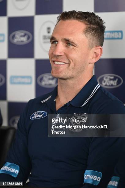 Joel Selwood of the Cats announces his retirement during the 2022 Geelong Cats Media Opportunity at GMHBA Stadium on September 28 in Geelong,...