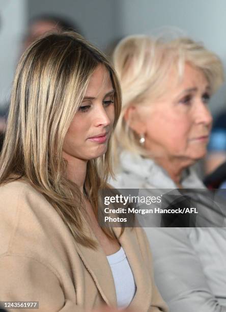 Joel Selwoods wife Brit and mother Maree look on as Joel Selwood of the Cats announces his retirement during the 2022 Geelong Cats Media Opportunity...