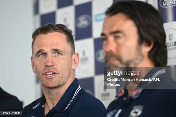 Joel Selwood of the Cats announces his retirement during the 2022 Geelong Cats Media Opportunity at GMHBA Stadium on September 28 in Geelong,...